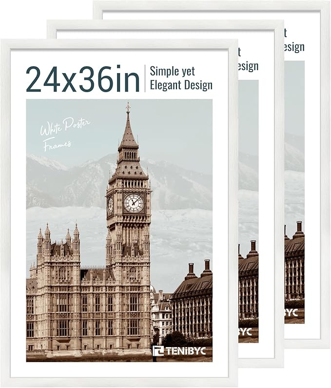 24x36 Poster Frame 3 Pack - White Woodgrain, Solid Wood Picture Frame, Wall Gallery Frame - Wall Hanging-CasaMuseHome