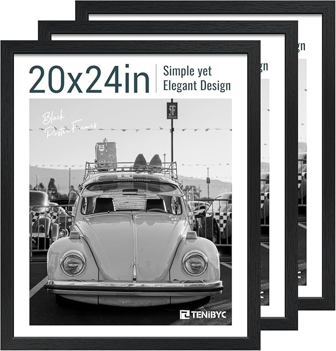 20x24 Picture Frame Set of 3, Textured Black Solid Wood Poster Frame, Wall Gallery Frame-CasaMuseHome