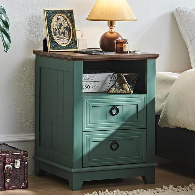 18" Farmhouse Night Stand with Charging Station, 2 Drawers Bedside End Table, Green Wooden Nightstand, Bed Side Table Cabinet with Open Shelf for Bedroom Living Room Office-CasaMuseHome
