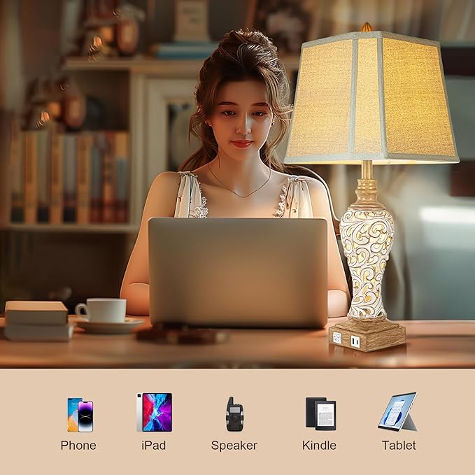 28.5" Rustic Table Lamp Set of 2 For Living Room Farmhouse Lamps for Bedroom, Bedside Lamps with Night Lights And USB C+A Charging Ports for Decor Office Study Hotel (Bulbs Included)-CasaMuseHome