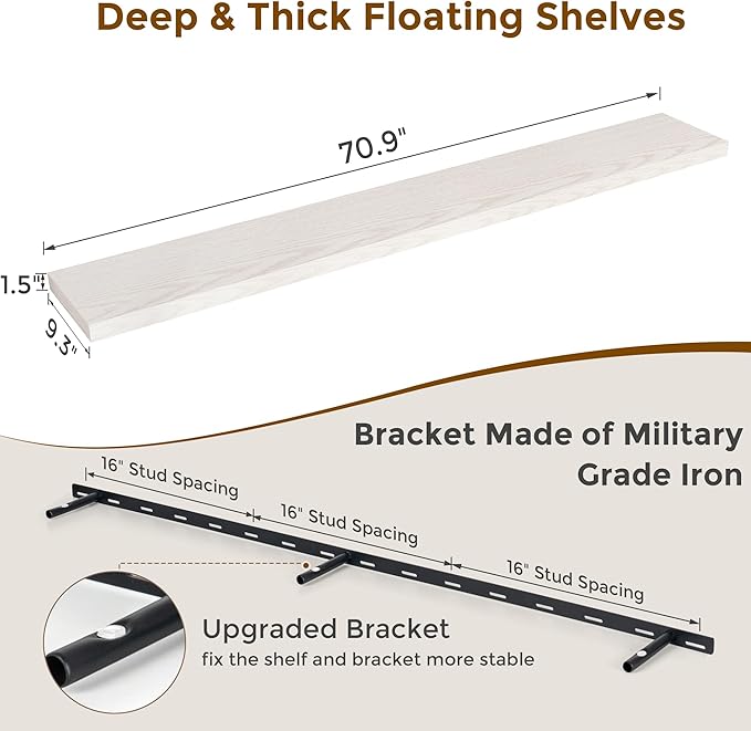 72 Inch Floating Shelves, 72 x 9 Rustic Wooden Fireplace Mantel, 9 Inch Floating Shelf for Wall, Farmhouse Wall Shelves for Home Storage & Display, Brich Color, Set of 1-CasaMuseHome