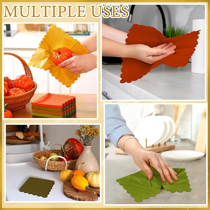 150 Pcs 5 x 5 Inches Fall Thanksgiving Paper Napkins Scalloped Cocktail Napkins Disposable Autumn Harvest Party Supplies Dessert Beverage Bathroom Table Dinner Wedding Decor-CasaMuseHome