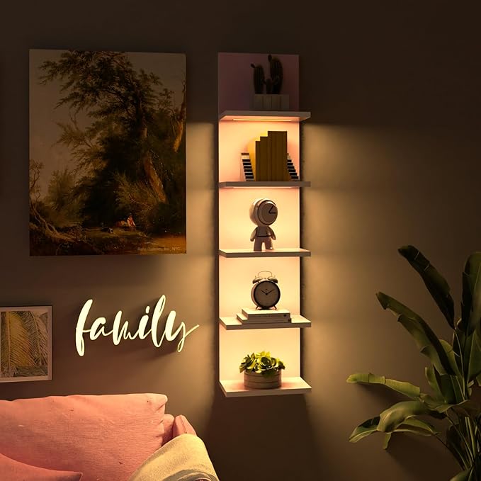 5 Tier Wall Shelf Unit,Modern Vertical Lack Wall Shelves with Light, Wall Mount, Floating Column Home Decor Shelves for Bedroom, Living Room, Vanity Storage Display(Pink)-CasaMuseHome