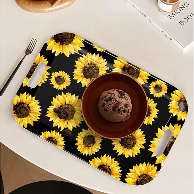 Serving Trays with Handles, 14.5 x 9.8 inch Rectangular Plastic Tray for Restaurant, Kitchen, Sunflower Black Background-CasaMuseHome