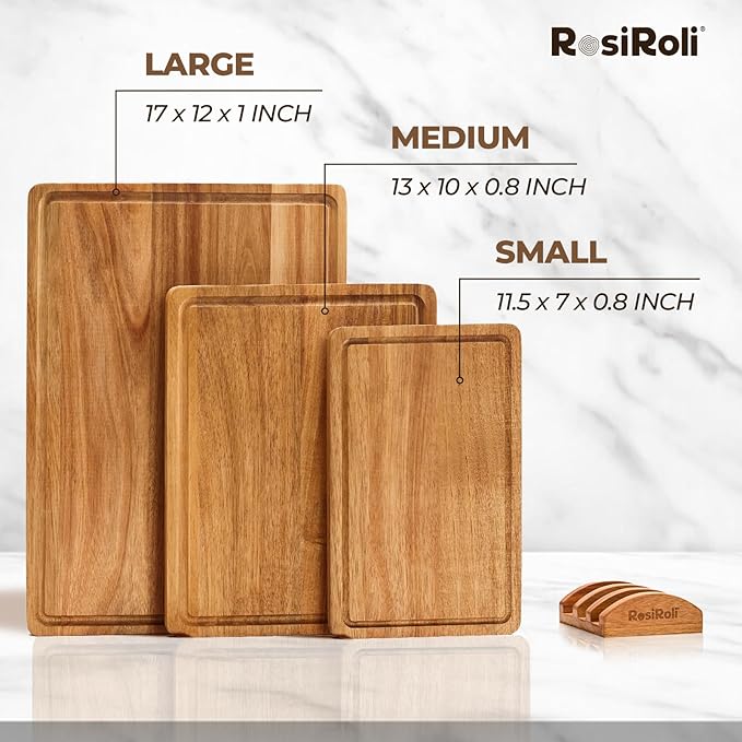 Acacia Wood Cutting Board for Kitchen, 3 Set with Holder - FSC Certified Large Wood Charcuterie Cheese Board with Handles and Juice Grooves, Wooden Chopping Block, Ideal Gift Set of 3 (S/M/L)-CasaMuseHome