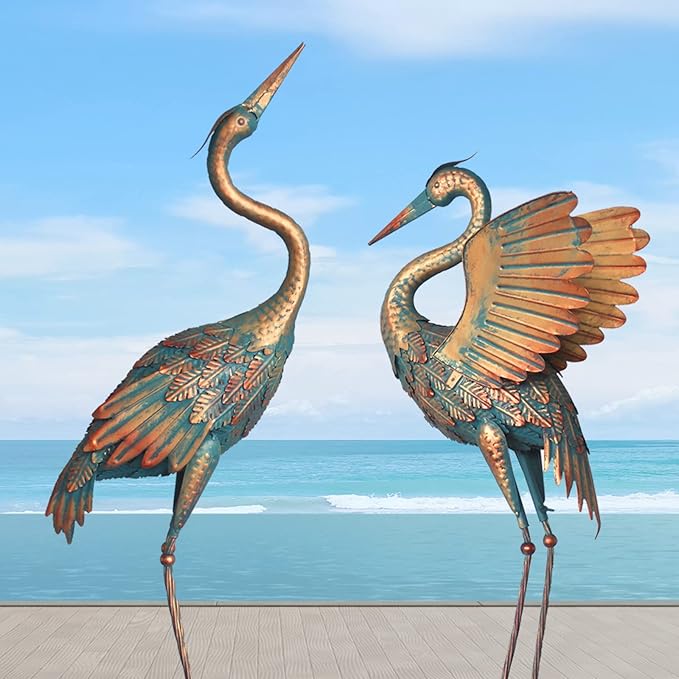 33-37 Inch Metal Crane Garden Statue Décor, Bird Heron Garden Sculpture & Statues, Outdoor Decoration for Yard Pond Lawn Backyard Pool, Vintage Spread Wings Crane, Set of 2 Copper…-CasaMuseHome