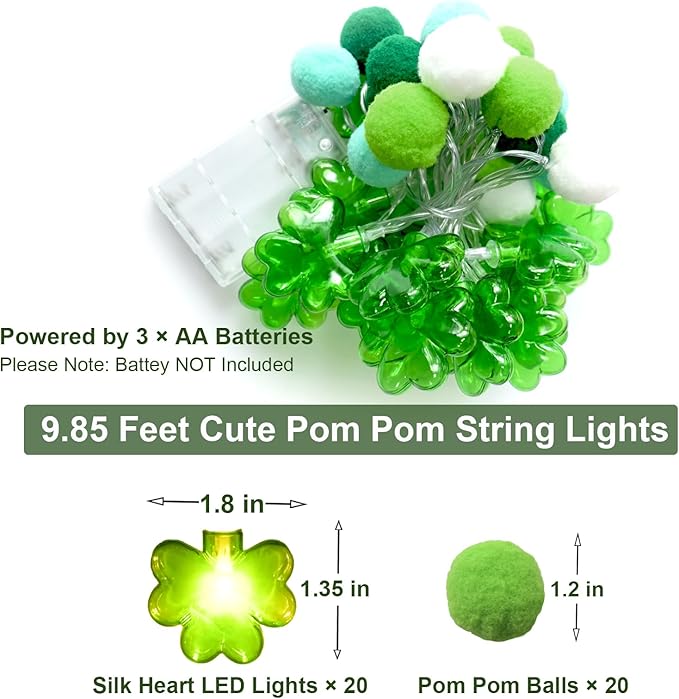 9.85Ft St Patricks Day Lights Garland 20 Pompoms 20 LEDs Green Lucky Clover Lights Shamrock String Lights with Timer for Indoor Bedroom Party Bar Garden St. Patrick's Day Decoration Green Irish Decor-CasaMuseHome