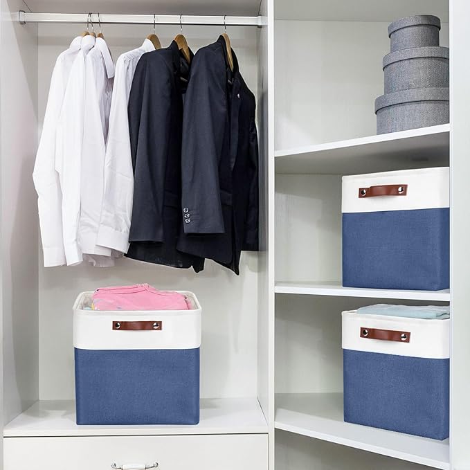 13x13 Cube Storage Bins, Collapsible Fabric Storage Box, 4 Pack Closet Baskets with Handles for Organizing, Shelf, Toys, Clothes, Home, Office, Nursery (NavyBlue&White)-CasaMuseHome