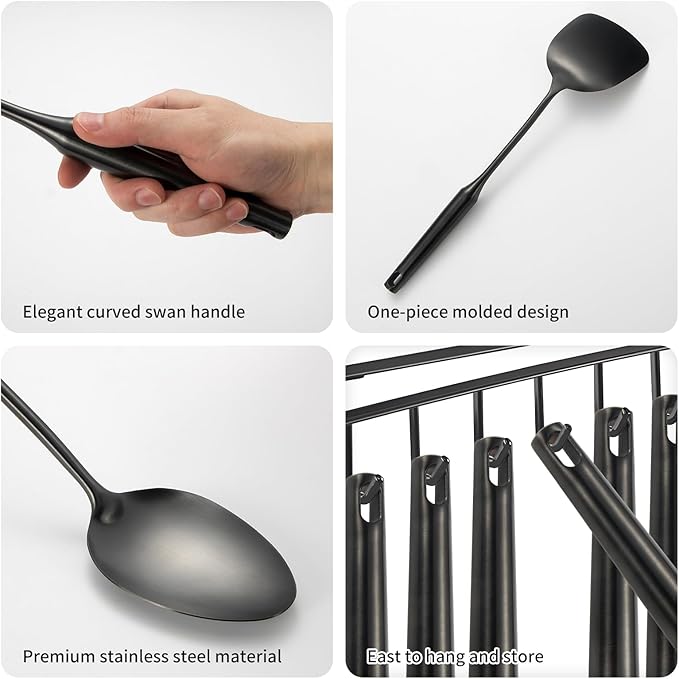 304 Stainlss Steel Matte Kitchen Utensils Set, 11 Pcs Long Metal Cooking Utensil Gadgets Tools Set with Spatula, Ladle, Spoon, Ladle, Skimmer, Tunner, Pasta Server, Tongs(Black, Dishwasher Safe)-CasaMuseHome