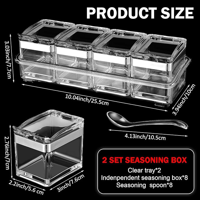 2 Set Acrylic Seasoning Organizer Box 8 Pcs Clear Seasoning Rack Spice Pots Condiments Containers with Lids and Spoons Storage Container Spice Jar for Salt Sugar Cruet Kitchen Cooking Organizer-CasaMuseHome