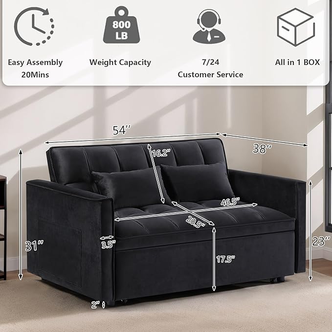 3 in 1 Convertible Sleeper Sofa Bed,Futon Loveseat Couch with Pull-Out Bed & Adjustable Backrest,Velvet Fabric Sofa with Side Pocket for Small Apartment, Living Room, Office (Black)-CasaMuseHome