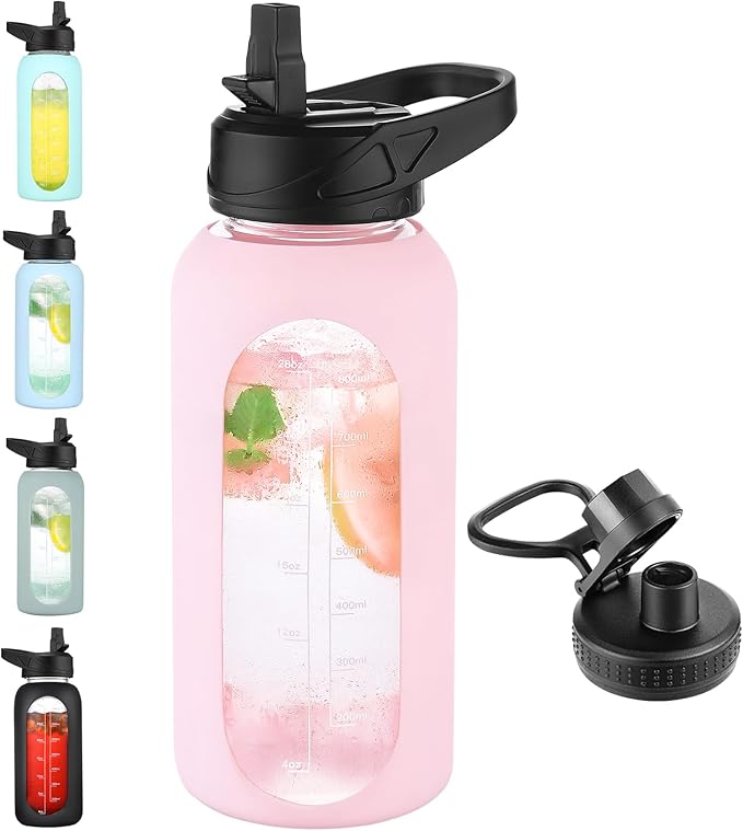 32 oz Glass Water Bottle with Straw and Handle, Sports Motivational Water Flask with Silicone Sleeve, Large Leakproof Water Flask Cup with Time Marker for Travel, Gym, Blush-CasaMuseHome