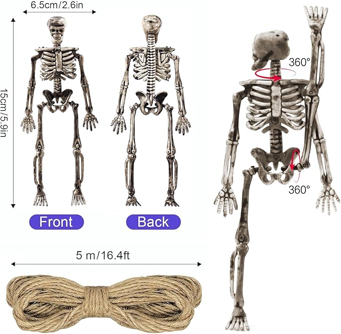 24 Pcs mini skeleton halloween decoration With hemp rope，6”small plastic posable halloween tiny skeleton figurines decor for Halloween Indoor Outdoor Graveyard Decor Haunted House Party Favors-CasaMuseHome