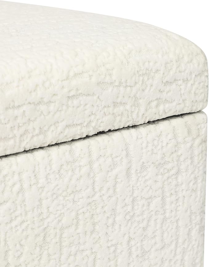 Adeco 18 Inch High Faux Fur White Cube Ottoman Storage, 3D Embossed Velvet Chair Foot Stools, Upholstered Vanity Stool with Hinged Lid, Solid Wood Legs-CasaMuseHome