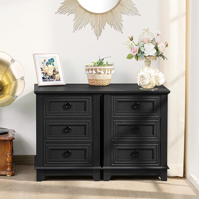 18" Farmhouse Night Stand with 3 Drawers, Wood End Table Dresser for Bedroom, Black Nightstand, Bed Side Table with Metal Handle, Bedside Cabinet for Bedroom Living Room, Closet-CasaMuseHome