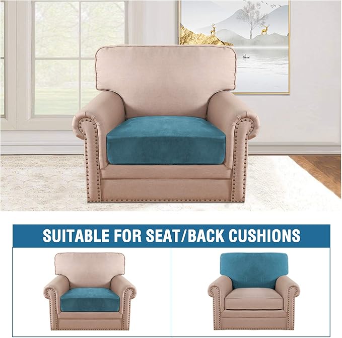 H.VERSAILTEX Velvet Stretch Couch Cushion Cover Plush Cushion Slipcover for Chair Cushion Furniture Protector Seat Cushion Sofa Cover (1 Piece Armchair Cushion Covers, Peacock Blue)-CasaMuseHome