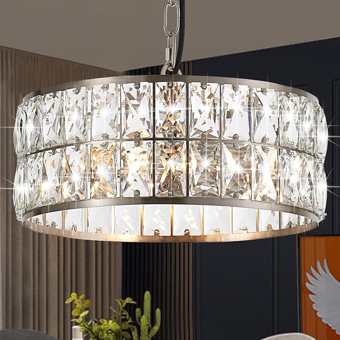 12” 3-Light Modern Crystal Chandeliers Nickel Dinning Room Light Fixture, Round Pendant Light Kitchen Island Chandelier, Flush Mount Ceiling Light for Living Room Entryway Bedroom Foyer-CasaMuseHome