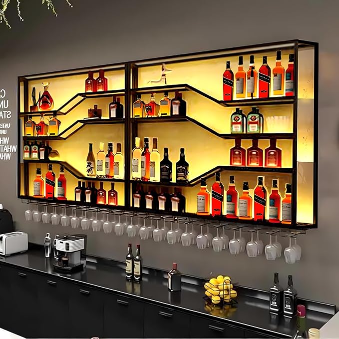 94.4in Wall Mounted Wine Rack with LED Light, 5-Tiers Liquor Bottles Display Shelf with Glasses Holder, Metal Home Bar Shelves with Industrial Iron Frame for Kitchen (Black, 94.4in/7.87ft)-CasaMuseHome