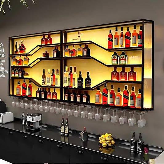 78.8in Wall Mounted Wine Rack with LED Light, 5-Tiers Liquor Bottles Display Shelf with Glasses Holder, Metal Home Bar Shelves with Industrial Iron Frame for Kitchen(Black, 78.8in/6.56ft)-CasaMuseHome