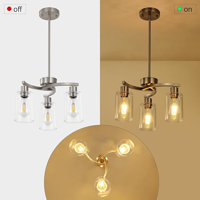 3-Light Brushed Nickel Dining Room Light Fixture,Modern Kitchen Chandeliers Over Table，Adjustable Height Industrial Hanging Pendant Lights for Kitchen Island with Glass Shade-CasaMuseHome