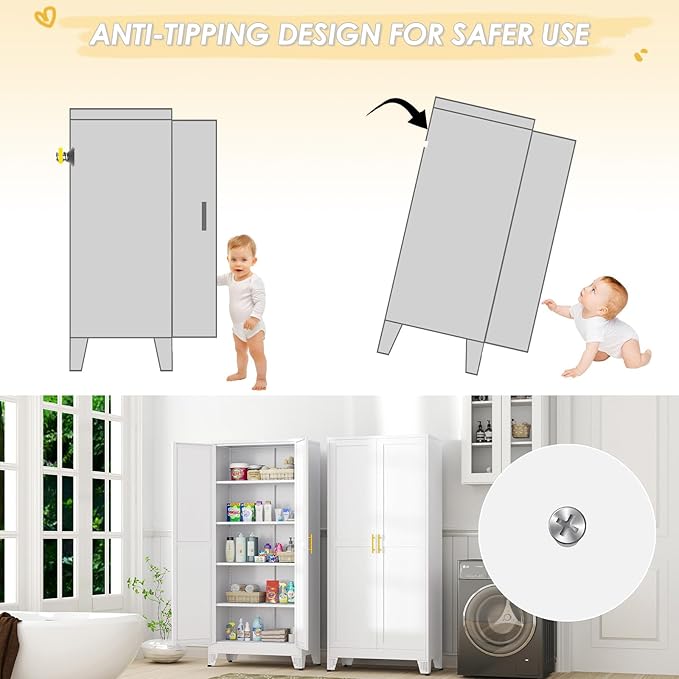 71" Tall Metal Storage Cabinet with 2 Doors and 4 Adjustable Shelves, Kitchen Pantry Cabinet White Freestanding Cupboard, 5 Tier Multifunctional Steel Storage for Office, Kitchen, Dining Room-CasaMuseHome