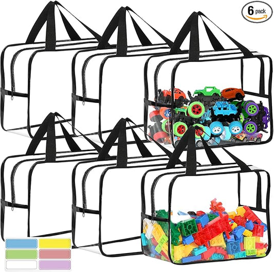 6 Packs Widen X-Large Toy Storage Bags 12.6×9.25×6.9In with Labels, Reusable Clear PVC Board Game Storage, Travel Waterproof Organizer Bags with Zipper for Building Blocks, Puzzle, Stuffed Animals-CasaMuseHome