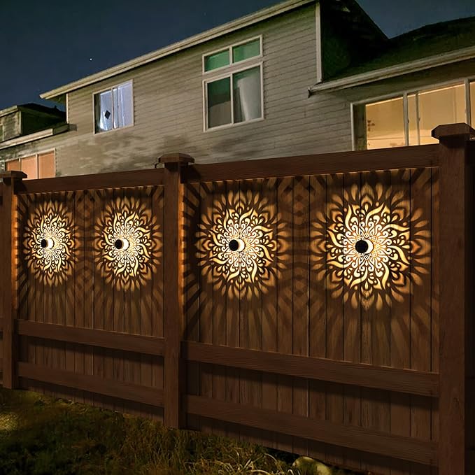 4 Pack Solar Fence Lights Metal Solar Powered Outdoor Wall Deck Step Lights Mandala Theme Waterproof Fence Light for Garden Post Patio Backyard Decor (4 Pack)-CasaMuseHome