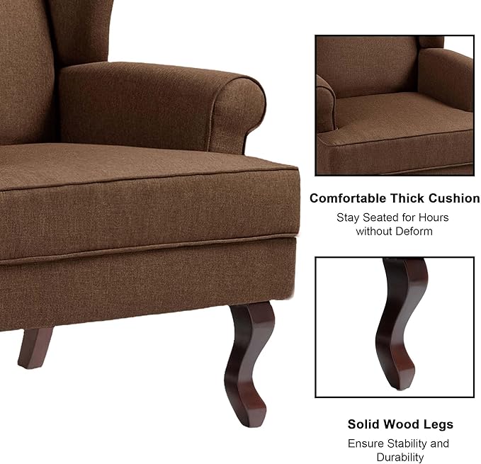 Accent Chair, High Back Upholstered Armchair with High Resilience Sponge & Wood Legs, Mid-Century Modern Comfy Single Sofa Reading Chairs for Living Room, Bedroom (Brown, Set of 2)-CasaMuseHome