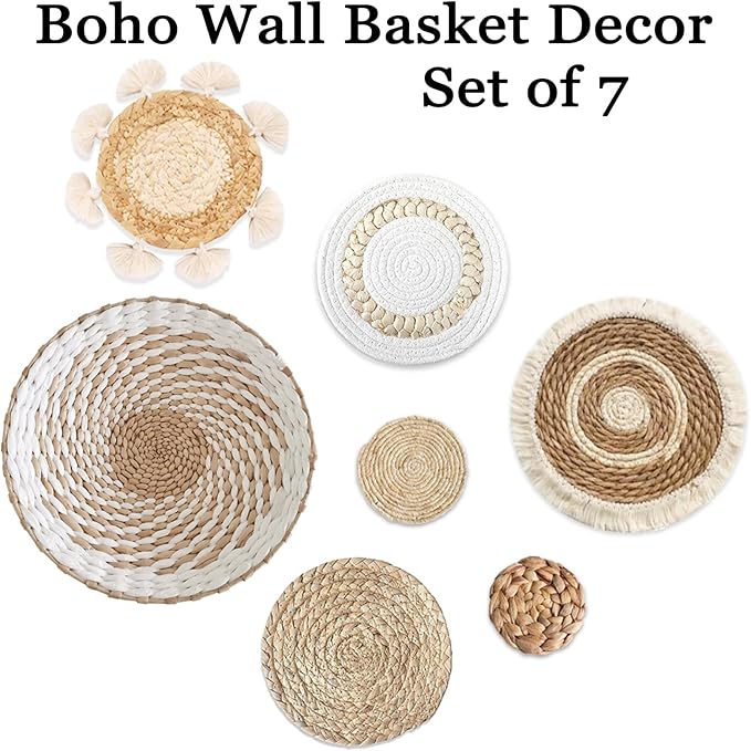 7 Pack Boho Wall Basket Decor - Seagrass Rattan Wicker Wall Decor Round Handmade Hanging Rustic Flat Elegant Wall Art for Farmhouse Living Rooms Bedrooms Display Table Settings Kitchen Home-CasaMuseHome