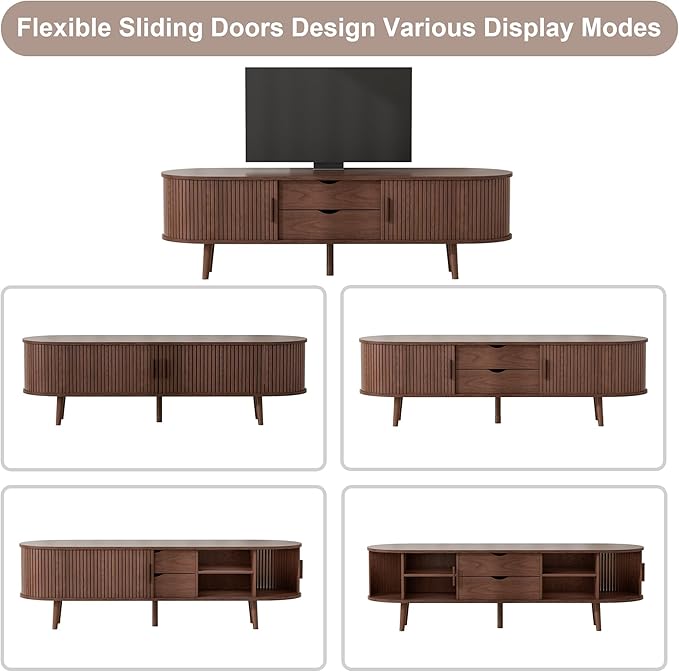 55" Mid Century TV Stand, Fluted TV Stand Fits 32" to 60" TVs. Wood Entertainment Center for Living Room, Farmhouse Modern TV and Media Console Table with Storage, Curved Edge and Sliding Door, Walnut-CasaMuseHome