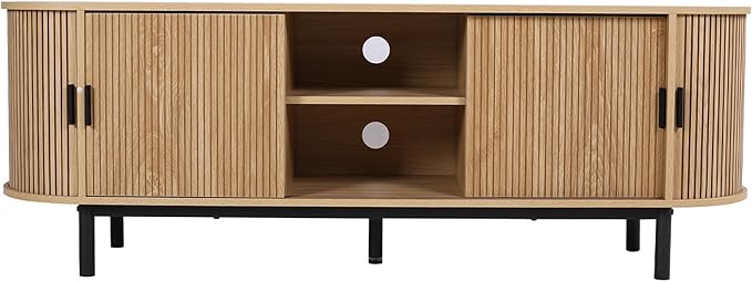 62" Tambour Door TV Stand,Wood Mid Century Modern TV Cabinet for Up to 75“ TV,Curved Edge Long TV Stand with Storage for Bedroom Living Room (Natural, 62.2inch)-CasaMuseHome