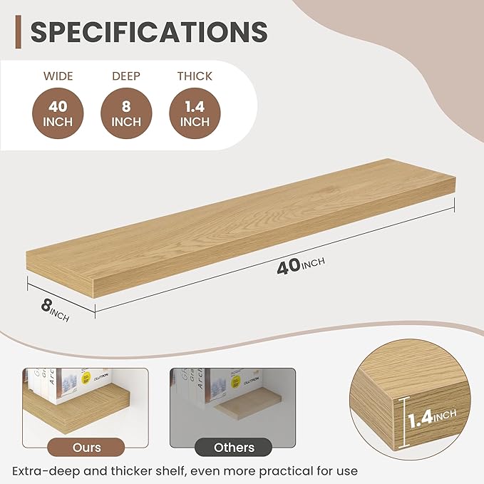 40 Inch Floating Shelves, 8 Inch Deep Floating Shelves for Wall, Hanging Shelf with Invisible Brackets, Deep Shelves for Bathroom, Bedroom, Living Room, Oak, Set of 2-CasaMuseHome
