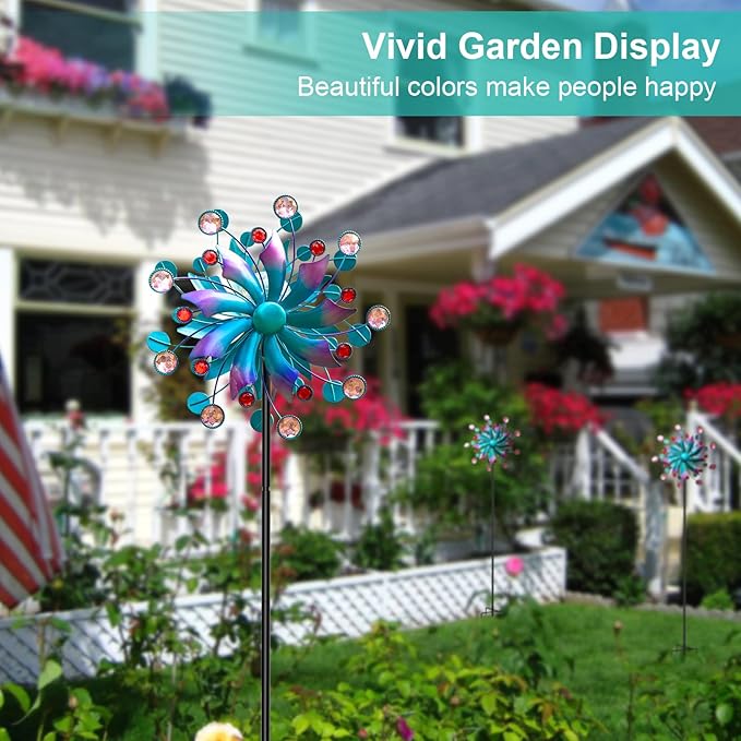360°Solar Wind Spinner with Lights Blue Metal Garden Outdoor Decor Yard Lawn Art Decor for Patio Kinetic Windmills Unique Gifts for Friends and Family 60.63'' H x 13.38'' Dia-CasaMuseHome