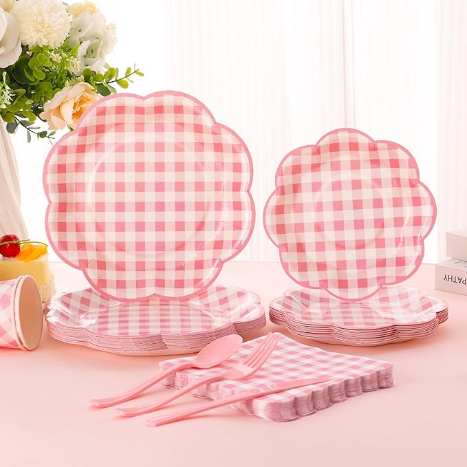 350 Pcs Pink Gingham Plates and Napkins Party Supplies - Pink and White Checkered Plates Sets Serve 50 Guests - Scalloped Gingham Paper Plate for Birthday Wedding Picnic Party Decorations-CasaMuseHome