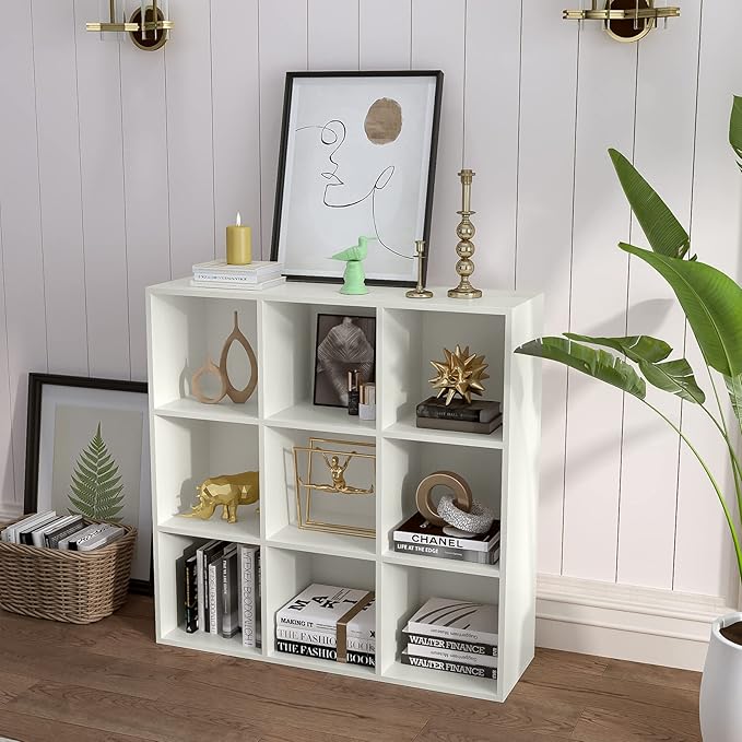 9-Cube Storage Shelf Bookcase - Wooden 3-Tier Floor Standing Open Bookshelf for Home and Office, Display Cabinet, Warm White-CasaMuseHome