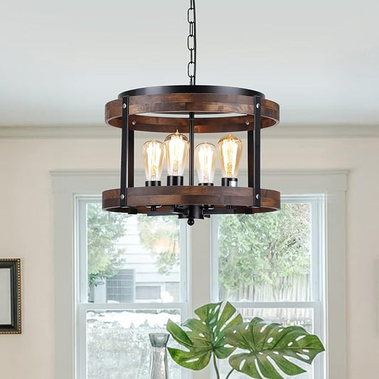 4-Light Large Rustic Farmhouse Wood Pendant Light Fixture with Adjustable Chain, 16.5 inch Oak Wood Drum Chandelier for Dining Room Kitchen Island Farmhouse Living Room Hallway, Black-CasaMuseHome
