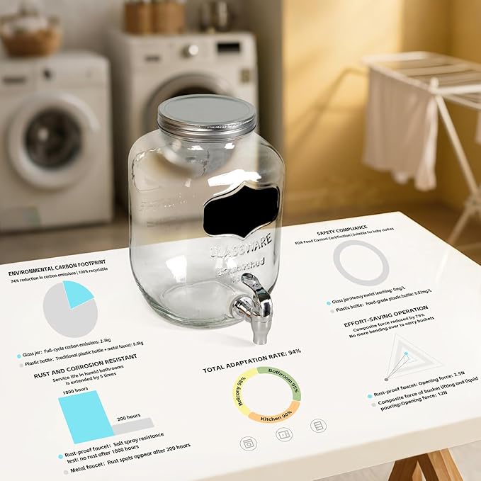 2-Pack 1 Gallon Glass Laundry Detergent Dispenser Set with Bamboo Lids and Stand - Liquid Soap and Fabric Softener Dispensers with Spigots, Cups, Labels and Mats, Laundry Room Organization and Storage-CasaMuseHome