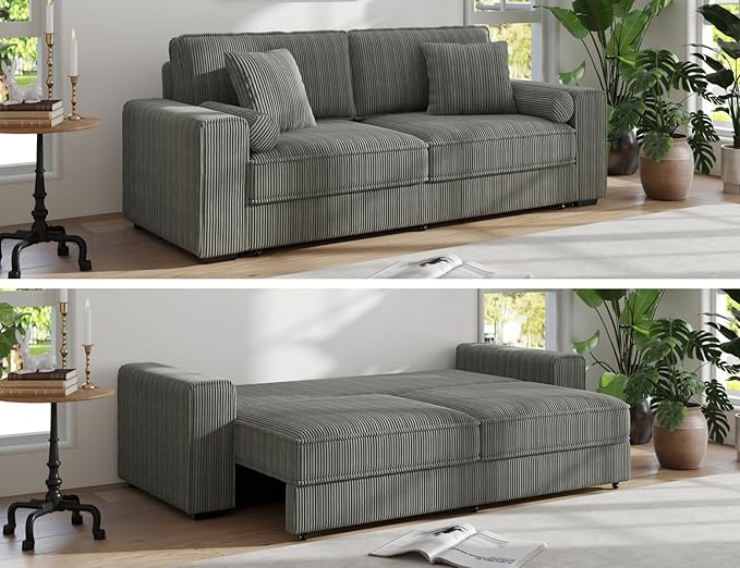 91-Inch Corduroy Pull Out Couch with Storage, Convertible Queen Sleeper Sofa with Pull Out Bed, Hide a Bed Couches for Bedroom, Guest Room, Apartment, Small Places, RV (Grey)-CasaMuseHome