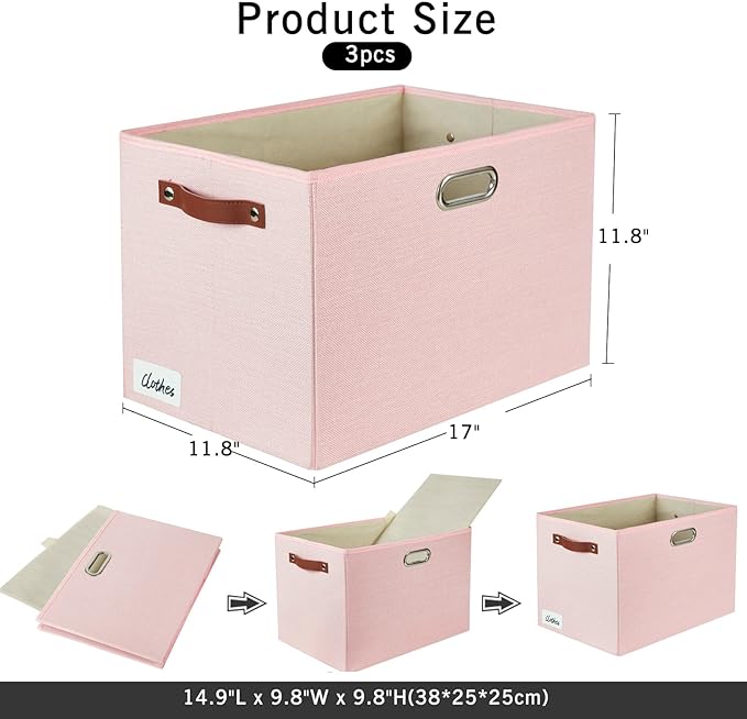 3-Pack Foldable Fabric Storage Bins with Durable PU & Metal Handles, Collapsible Storage Baskets for Shelves, Home Storage, Closet Organizers, Living Room(17"x11.8"x11.8", Pink)-CasaMuseHome