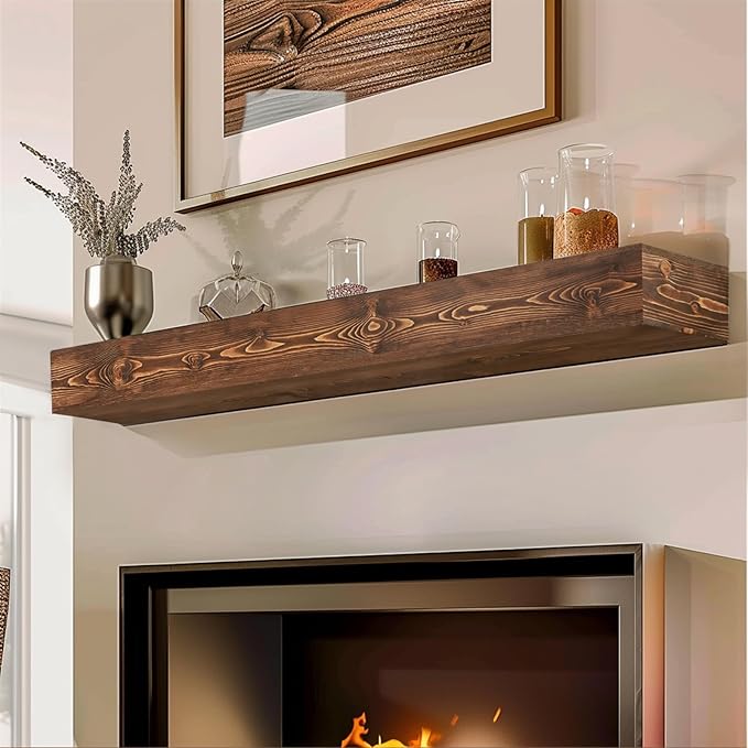 48x8x5 Fireplace Mantel - Handcrafted Hollow Rustic Solid Wood Wall Mounted Floating Shelf with Invisible Heavy Duty Wood Bracket (Weathered Brown)-CasaMuseHome
