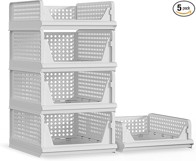 5 Pack Stackable Plastic Storage Basket Closet Organizer Bin Foldable Clothes Organizer Storage Drawer Shelf Container for Living room Bathroom Kitchen Office (3L+2S)-CasaMuseHome