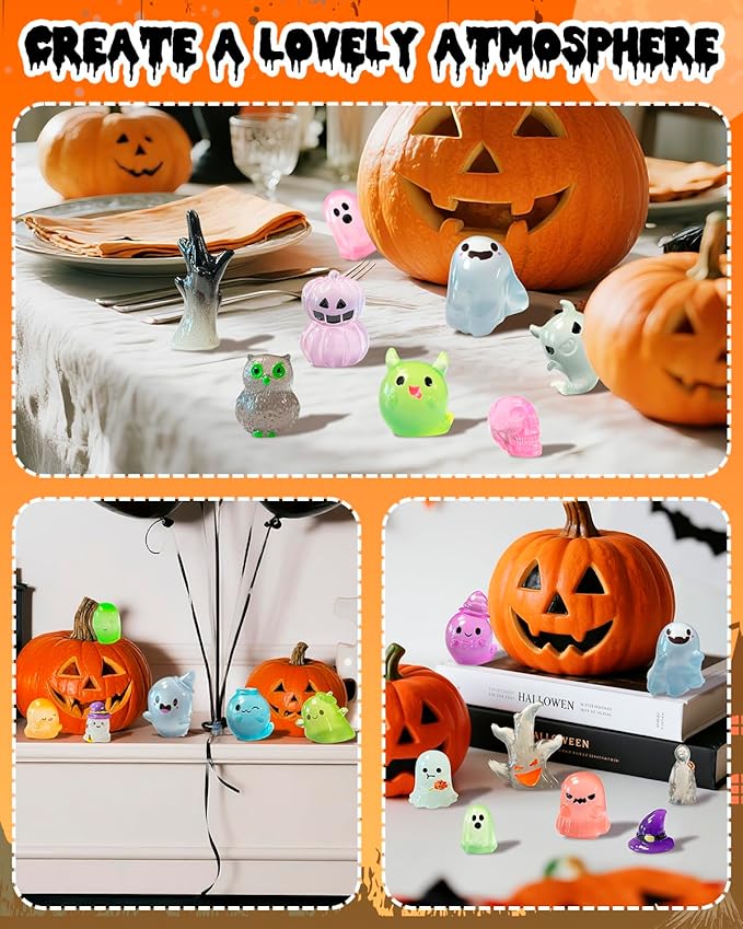 72 Pcs Halloween Mini Resin Animals Figures Kit - Luminous Tiny Resin Figurines Accessories, Glow in The Dark Miniature Ghost Figurines for Halloween Party, Micro Landscape, Tabletop Decor-CasaMuseHome