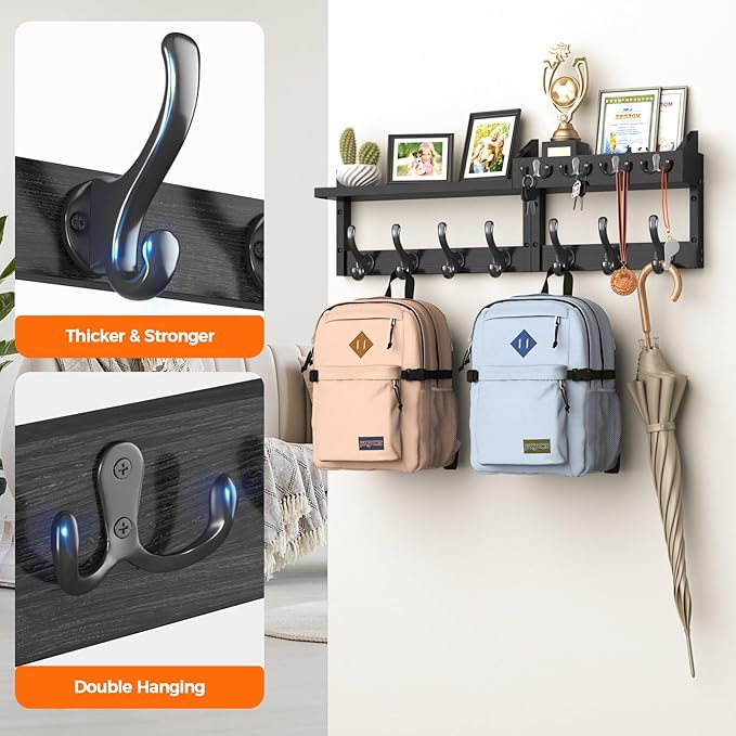 29" Coat Rack Wall Mount with Shelf, 4 in 1 Wall Mounted Coat and Key Hanger with 11 Hooks, Entryway Key Holder with Mail Holder for Living Room, Bedroom, Black-CasaMuseHome