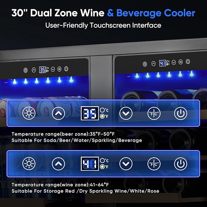 30" Stainless Steel Wine & Beverage Refrigerator - Dual Zone, Built-in/Freestanding with Upgraded Cooling - 30 Bottles & 110 Cans Capacity-CasaMuseHome