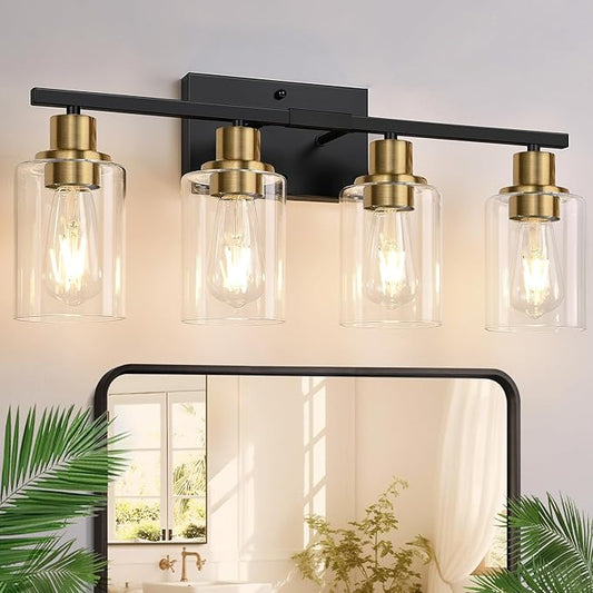 4-Light Bathroom Light Fixtures, Black and Gold Modern Vanity Lights with Clear Glass Shades, Bathroom Wall Lamp for Mirror Living Room Cabinet Bedroom Porch-CasaMuseHome