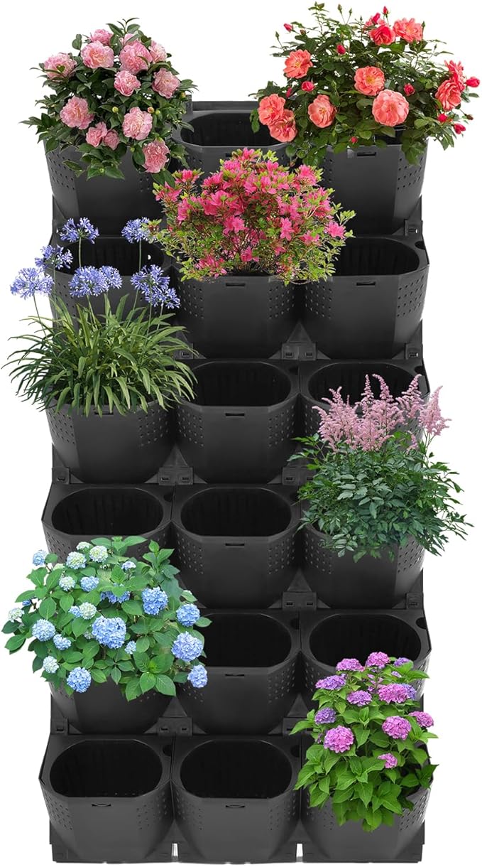 12Pieces 3-Pot Wall Planter Vertical Garden Plant Walls Wall Mounted Vertical Planter with Water-Storage Layer Stackable Wall-Mounted Flower Pot for Gardens, Balconies 180.78lbs Total Capacity (Black)-CasaMuseHome