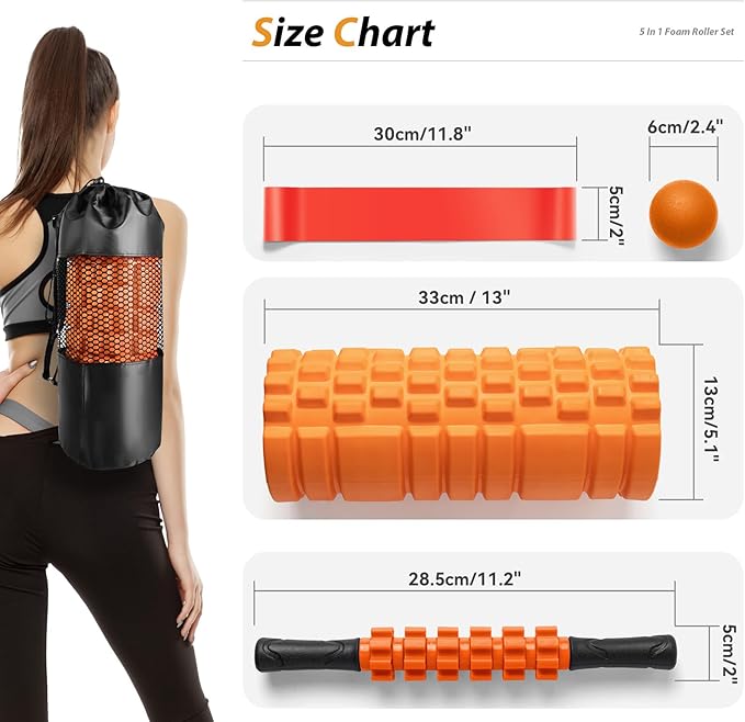 5 in 1 Foam Roller Set for Deep Tissue Muscle Massage, Trigger Point Fitness Exercise Foam Roller, Massage Roller, Massage Ball, Stretching Strap, for Whole Body (Orange-New)-CasaMuseHome