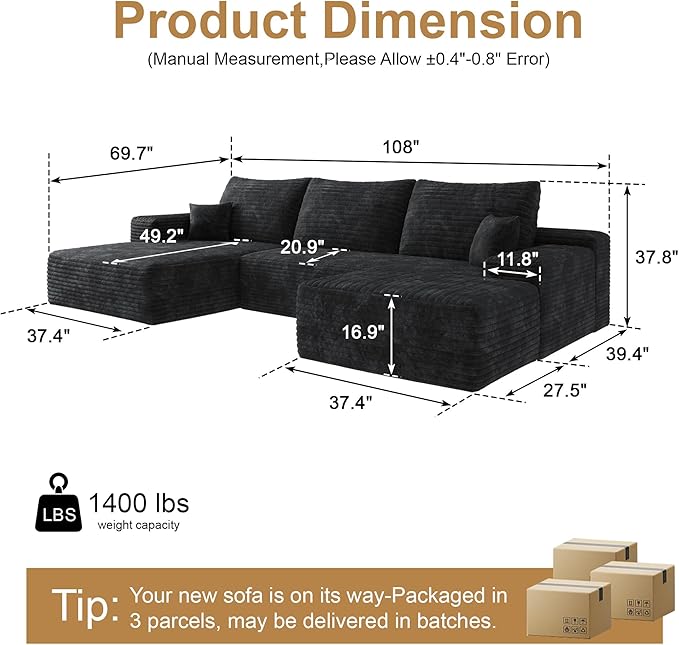 108" Sectional Couches for Living Room Modern Modular Sofa with L-Shape Couchs Upholstered Boneless Couch Deep Seat Sectional Couch with Chaise (Black, Left Facing Chaise+2Seaters+1Ottoman)-CasaMuseHome