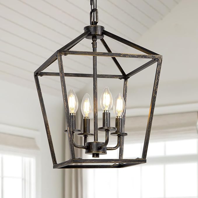 4 Light Chandelier Lighting, Industrial Ceiling Light Black Lantern with Brushed Gold, Geometric Metal Hanging Light Fixture with Adjustable Chain, E12 Base for Entryway Kitchen Island, Indoor Use-CasaMuseHome