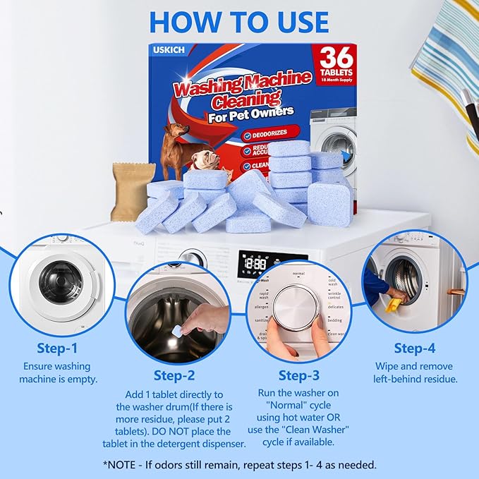 36Pack Washing Machine Cleaner Tablets-18 Month Supply,Washer Machine Cleaner Formulated For Pet Owners,Easy Pet Hair Remover for Laundry,Compatible with HE, Top & Front Load Washer.Septic Safe-CasaMuseHome